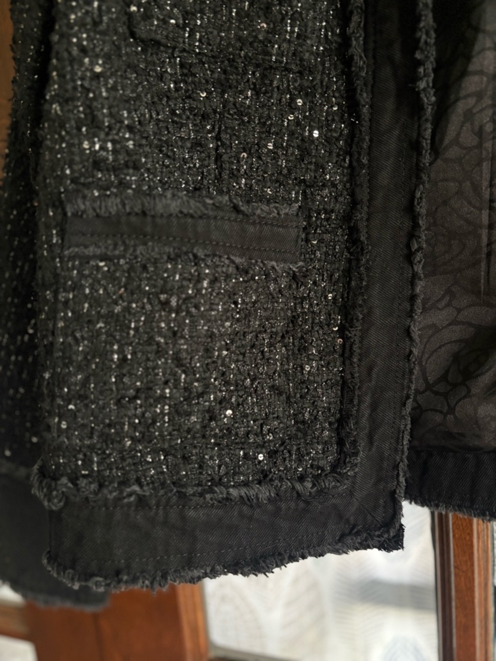 Nanette Lepore Black Frayed Sequined Boucle Tweed Blazer with Denim Trim - Picture 6 of 8
